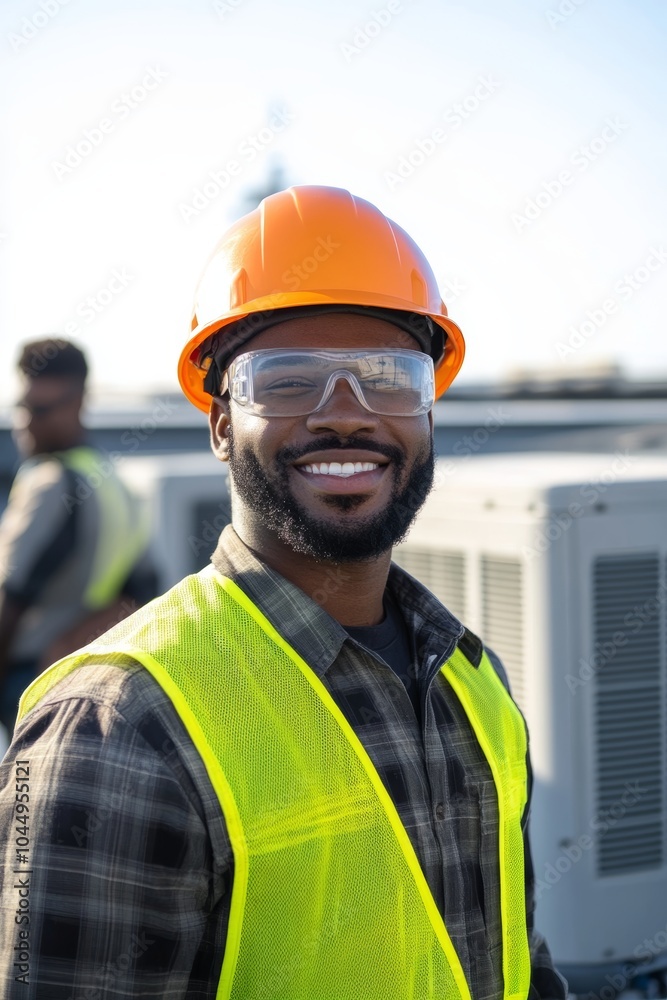 Close-up Portrait of HVAC Technician on Rooftop with Safety Gear Generative AI Close-up Portrait of HVAC Technician on Rooftop with Safety Gear Generative AI