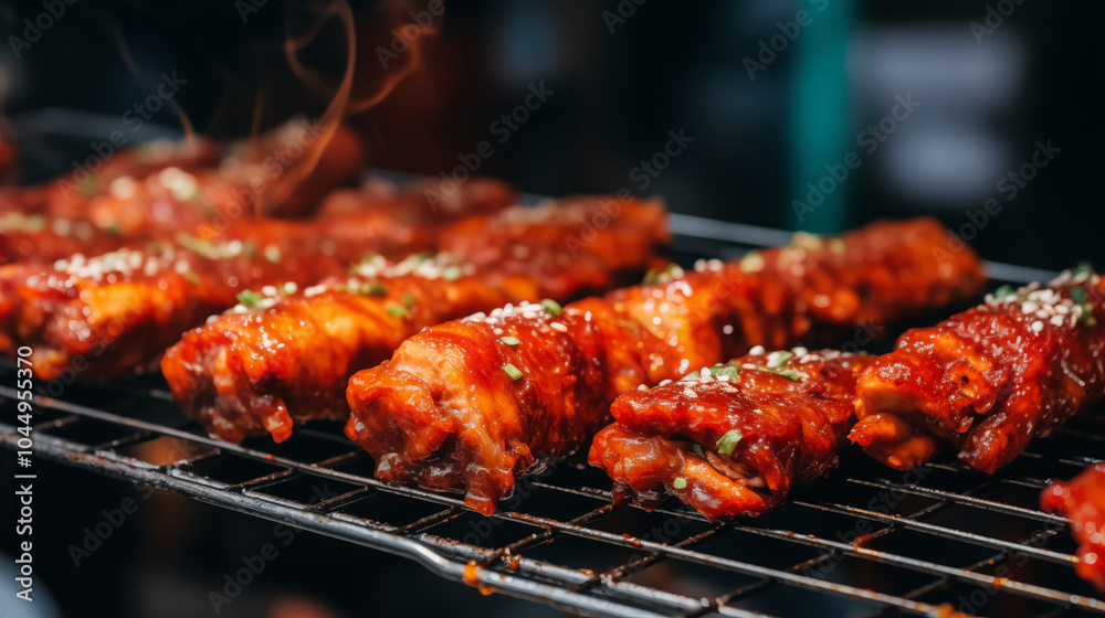 Grilled yakiniku ribs sizzling on barbecue, coated in rich glaze and garnished with sesame seeds, appetizing and mouthwatering scene Grilled yakiniku ribs sizzling on barbecue, coated in rich glaze and garnished with sesame seeds, appetizing and mouthwatering scene