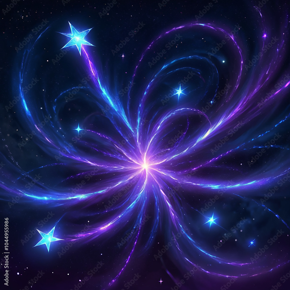 Fototapeta premium A mesmerizing cosmic scene with a central starburst radiating blue and purple light, surrounded by swirling galaxies and twinkling stars.