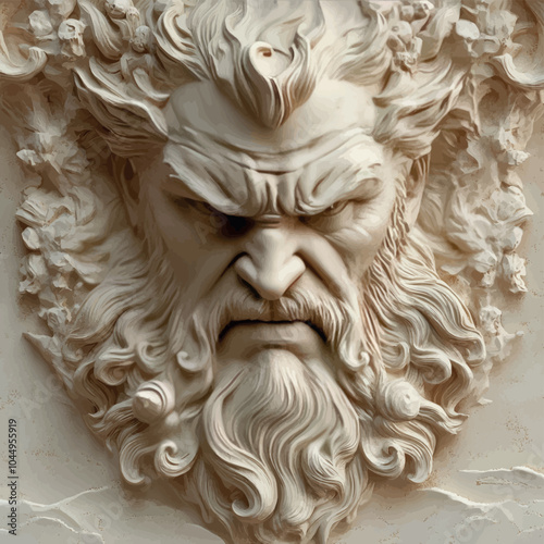 3D bas-relief of the god of war with an angry face in vanilla and beige tones.Vector.Greek mythology character,fantasy print. Creative interior decor, decor of exhibition pavilion, gallery. Stylish de