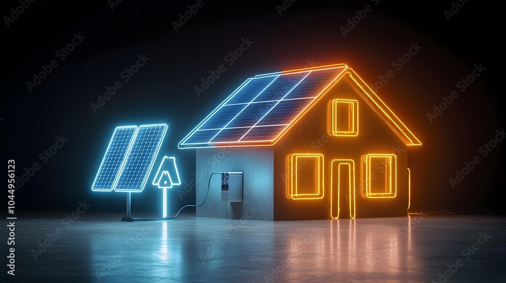 Futuristic neon house with solar panels and glowing plug icon showcasing a renewable energy concept for a sustainable and modern home of the future Futuristic neon house with solar panels and glowing plug icon showcasing a renewable energy concept for a sustainable and modern home of the future