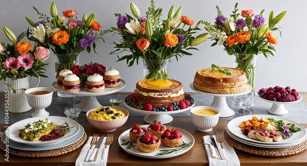 Elegant brunch setup with fresh flowers background sophisticated brunch table adorned with fresh flowers and delicious dishes Elegant brunch setup with fresh flowers background sophisticated brunch table adorned with fresh flowers and delicious dishes