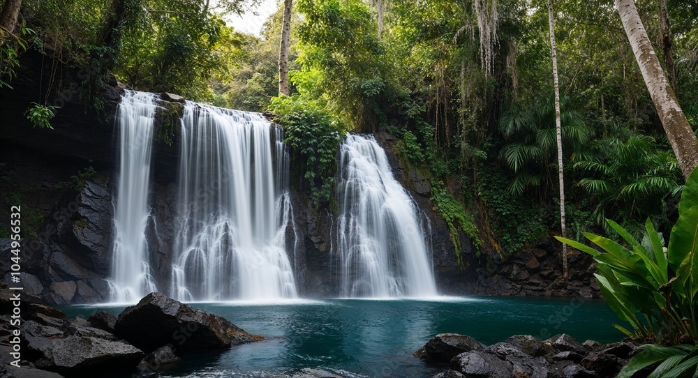 Exotic waterfall cascading in jungle background stunning waterfall cascading down rocks surrounded by lush jungle vegetation Exotic waterfall cascading in jungle background stunning waterfall cascading down rocks surrounded by lush jungle vegetation