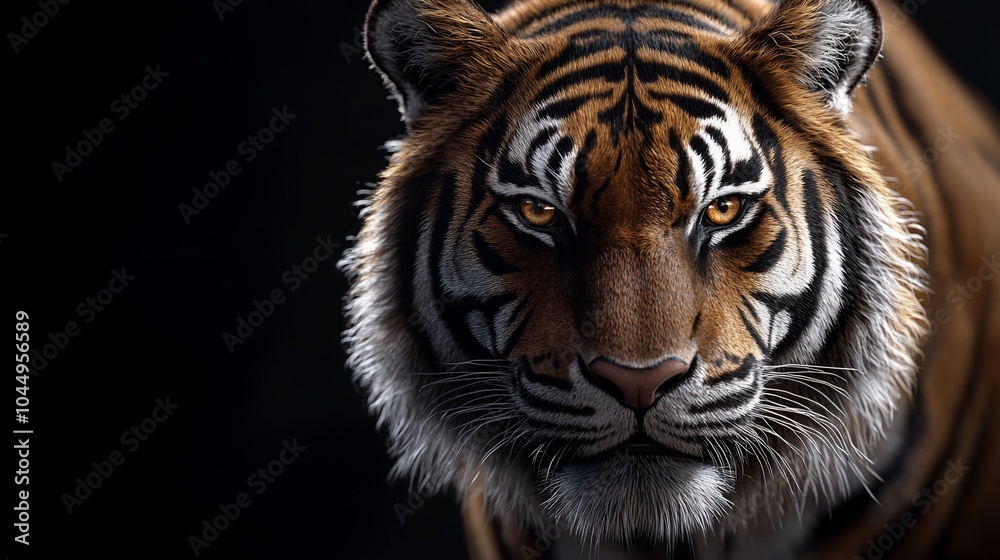 Obraz premium A close-up portrait of a tiger with intense eyes against a black background.