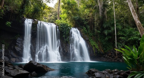 Exotic waterfall cascading in jungle background stunning waterfall cascading down rocks surrounded by lush jungle vegetation