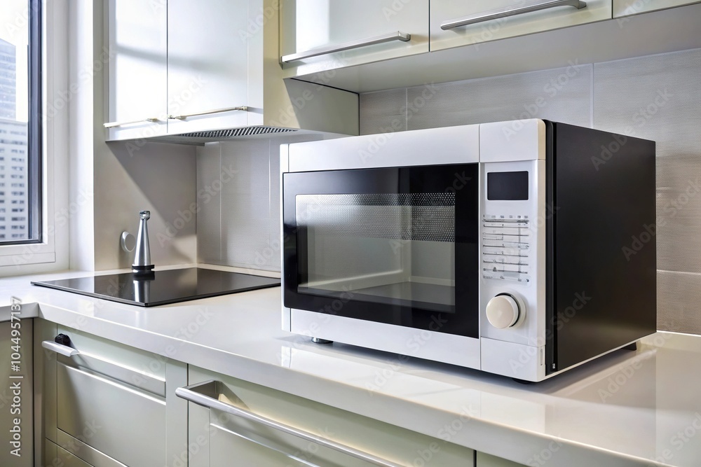 Sleek white black microwave in contemporary kitchen Sleek white black microwave in contemporary kitchen