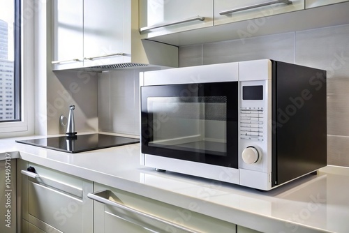 Sleek white black microwave in contemporary kitchen