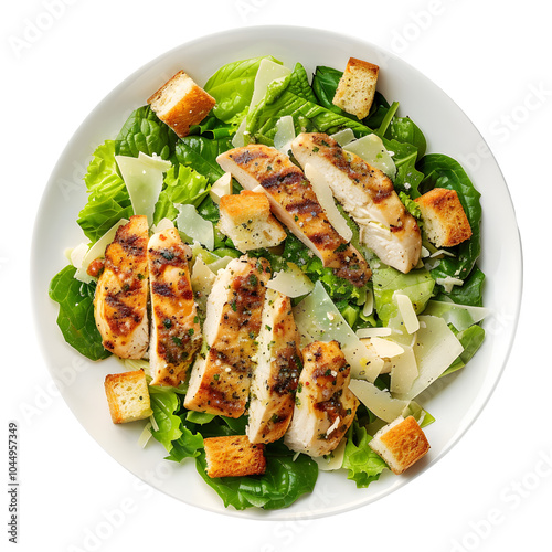 delicious Caesar salad featuring fresh greens, grilled chicken slices, croutons, and shaved parmesan cheese, perfect for healthy meal. Enjoy vibrant colors and textures!