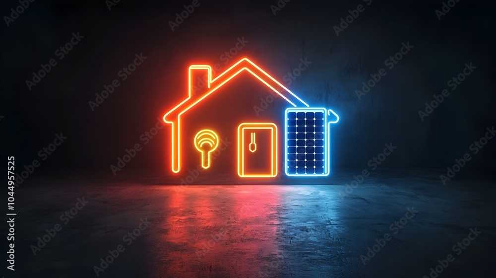 Glowing neon house icon with solar panels and plug symbol set against a dark background representing the concept of sustainable energy and clean renewable electricity production for modern Glowing neon house icon with solar panels and plug symbol set against a dark background representing the concept of sustainable energy and clean renewable electricity production for modern