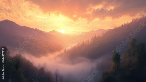 Smoky mountain sunset with misty peaks