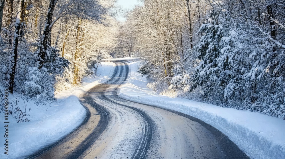 Snowy road on a sunny winter day