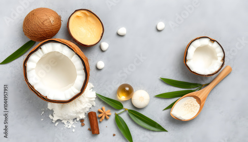 Coconut body scrub with ingredients on gray table top view. Homemade cosmetic for peeling and spa care. Flat lay isolated with white highlights, png