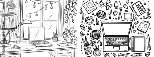 Modern workspace with laptop, hand-drawn illustration, sketch style.