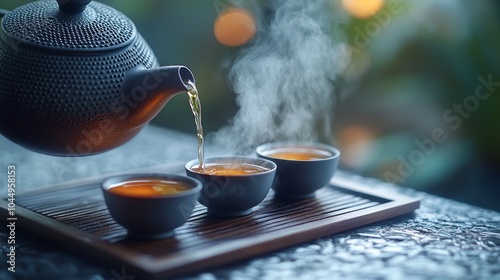 A teapot is pouring tea into three cups on a tray photo