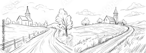 The scene of a small Georgian town street is set against mountains on the background. This sketch depicts a landscape with a settlement located near hills. The sketch depicts a modern illustration of