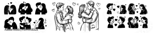 Couples hugging, kissing, cuddling, and embracing. Hand drawn, black and white modern illustration. Couples hugging, kissing and cuddling isolated on white background.