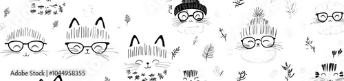 Handdrawn illustration of cute funny cat faces or heads wearing glasses, sunglasses and hats. Bundle of various cartoon animal muzzles on a white background.