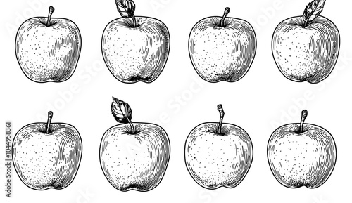 The collection consists of a collection of hand-drawn images of whole and cut apples, slices, branches, and flowers. The drawings are drawn with contour lines on a white background and feature fresh