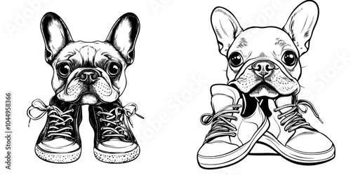 The adorable dog gnaws on a shoe. Funny naughty puppy on white background. Bad habit, problematic behavior of domestic animals. Handdrawn modern illustration.