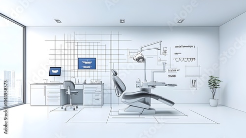 Sketch of a modern minimalist dental office with abstract technological elements and futuristic dental equipment creating a clean and professional healthcare environment