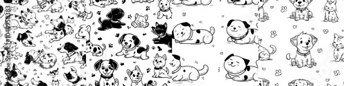 A modern illustration for wrapping paper, wallpaper with naughty domestic animals and pets demonstrating bad habits. A colorful hand-drawn illustration with naughty domestic animals and mischievous