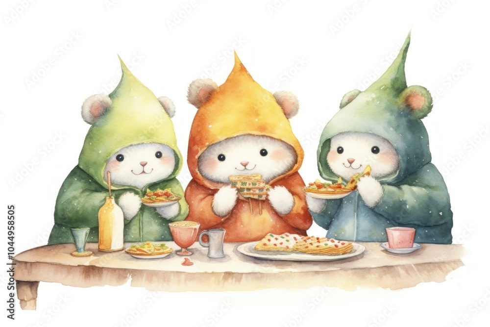 Fototapeta premium Panda cuddly three friends food eating representation.