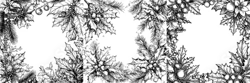 Decorative frame made of conifer branches and cones, poinsettia leaves, juniper and mistletoe berries, hand drawn with contour lines on white background. Happy holidays!