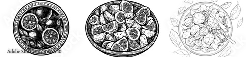 This realistic modern illustration shows a caprese salad on a plate with contour lines. A delicious Italian restaurant meal made of fresh tomatoes, mozzarella, basil, and olives.
