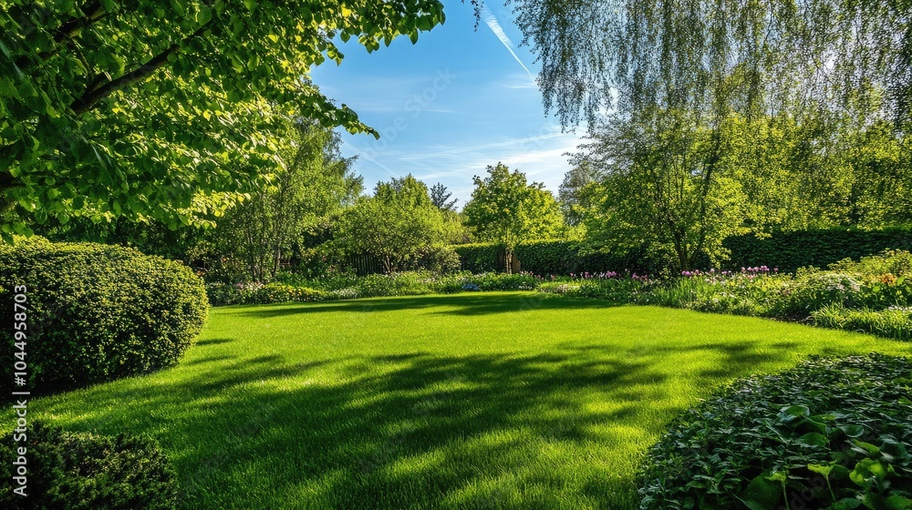 Spring garden with fresh green grass and a bright blue sky Spring garden with fresh green grass and a bright blue sky