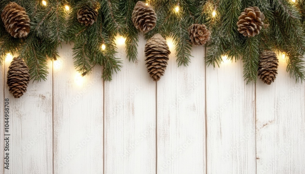 White Wooden Plank Background with Lights, Cones, and Pine Leaves for Winter Decorations Generative AI White Wooden Plank Background with Lights, Cones, and Pine Leaves for Winter Decorations Generative AI