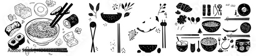 Set of hand drawn modern illustrations for ramen soup. Traditional oriental dish, noodles bowls with chopsticks. Asian restaurant menu design elements. Delicious oriental dinner.