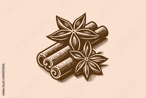 Anise star and cinnamon sticks. Beautiful engraving monochrome brown vector illustration. Icon, logo, isolated object