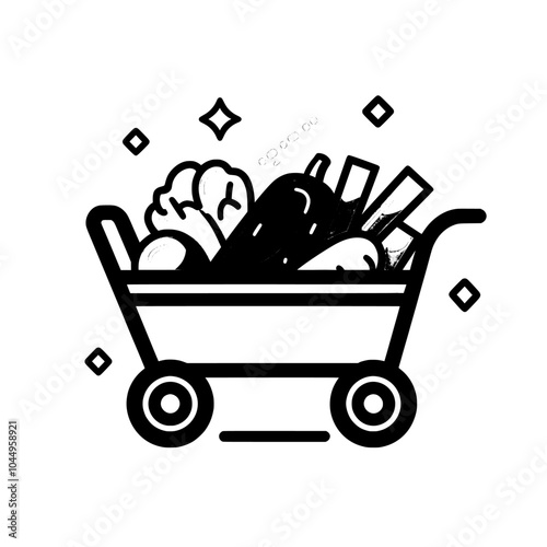 Illustration of cartoon shopping cart with healthy food. Colorful cart with groceries from self-service shop on white background. Fresh fruits and vegetables in pushcart with handle.