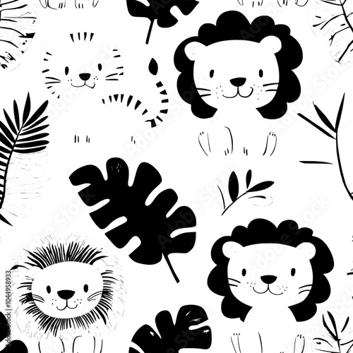 Cute hand drawn lions, tigers, and leopards with a seamless pattern. Indian spotted and striped predators with leaves.