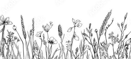 Different medical plants, herbs, and meadow flowers detailed in realistic style. Set of hand drawn outline botanical wildflowers isolated on white.