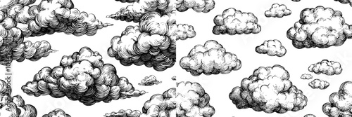Cloudscape with fluffy clouds or soap foam on a repeatable background. Hand drawn illustration of clouds.