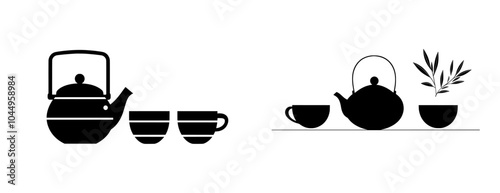 Hand drawn flat modern illustration with cast iron colored teapot, cute cups, and tealeaf designs. Tetsubin Kettle isolated on white background. Tea party concept.