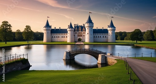 Majestic castle with drawbridge and moat background grand castle featuring a drawbridge and surrounded by a tranquil moat photo