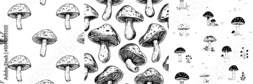 This pattern features different mushroom species outlined in white on white background. Endless repeatable engraving texture with fungi in vintage style. Hand-drawn graphic modern illustration for