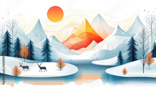 A serene arctic wilderness with pastel-colored glaciers and reindeer grazing in the snow-covered fields.