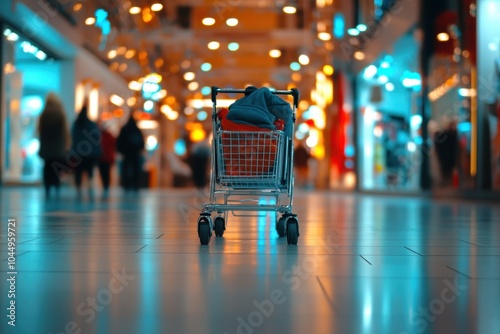 Empty shopping cart in the center of a modern mall with colorful lights, showcasing urban lifestyle, commerce, and consumerism. Blurred background of shoppers.