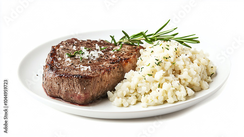 Steak with cauliflower rice healthy food isolated on white background