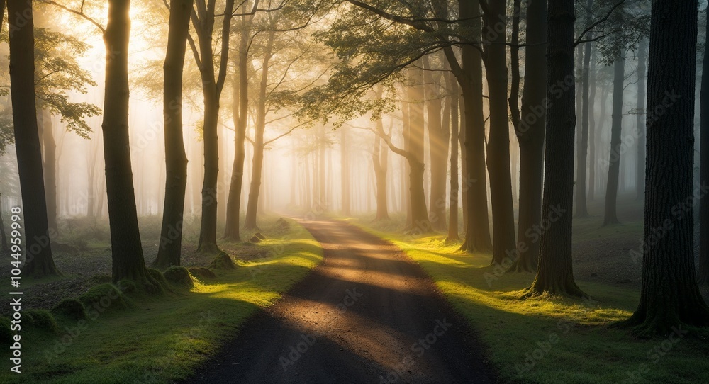 Obraz premium Misty forest path with sunlight filtering background enchanting forest path illuminated by sunlight filtering through the trees
