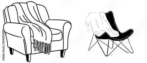 An armchair with a throw blanket on the armrest. A warm and contemporary design in a retro mid-century style. A lounge chair with wooden legs, living room furniture. Flat modern illustration isolated