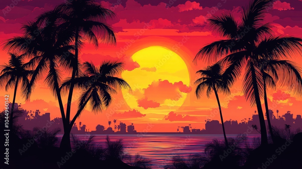 Tropical sunset panorama with palm tree silhouettes Tropical sunset panorama with palm tree silhouettes