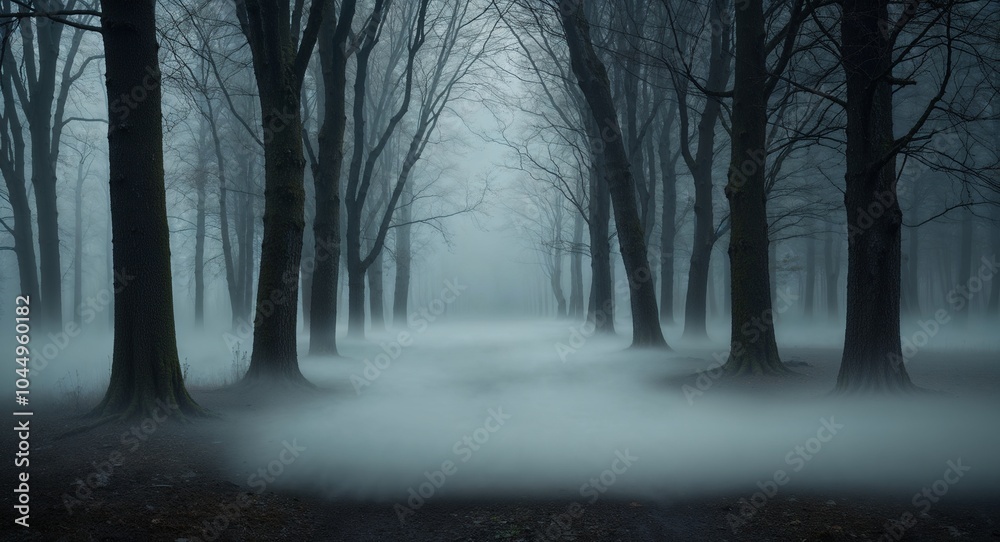 Obraz premium Mysterious fog rolling through an abandoned forest background thick fog creeping along the forest floor obscuring the path ahead