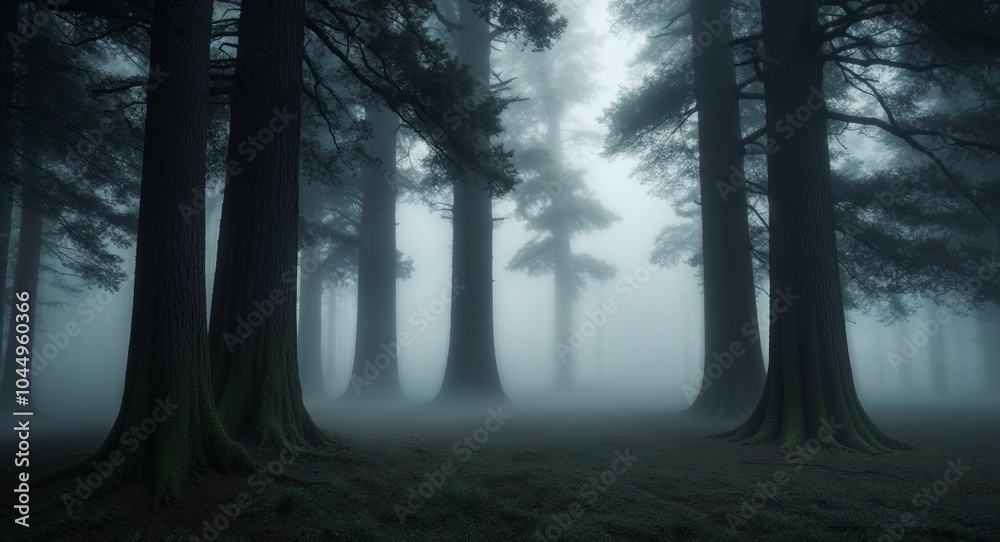 Obraz premium Mysterious foggy forest with towering trees background eerie fog enveloping a dense forest creating a mystical atmosphere