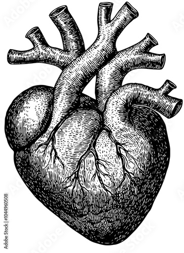 Detailed etching of heart, real human organ. Hand-drawn medical illustration isolated on white background.