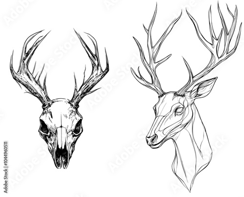 Hand-drawn outline of a cranium sketch on a white background. Detail of a deer skull and horns. Dead animals' head bone and antlers. Vintage anatomy drawing.