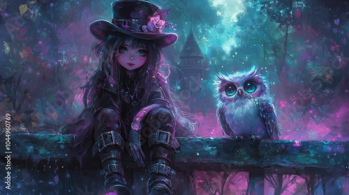 Whimsical Fantasy Gothic Girl with Owl Under a Dreamlike Night Sky